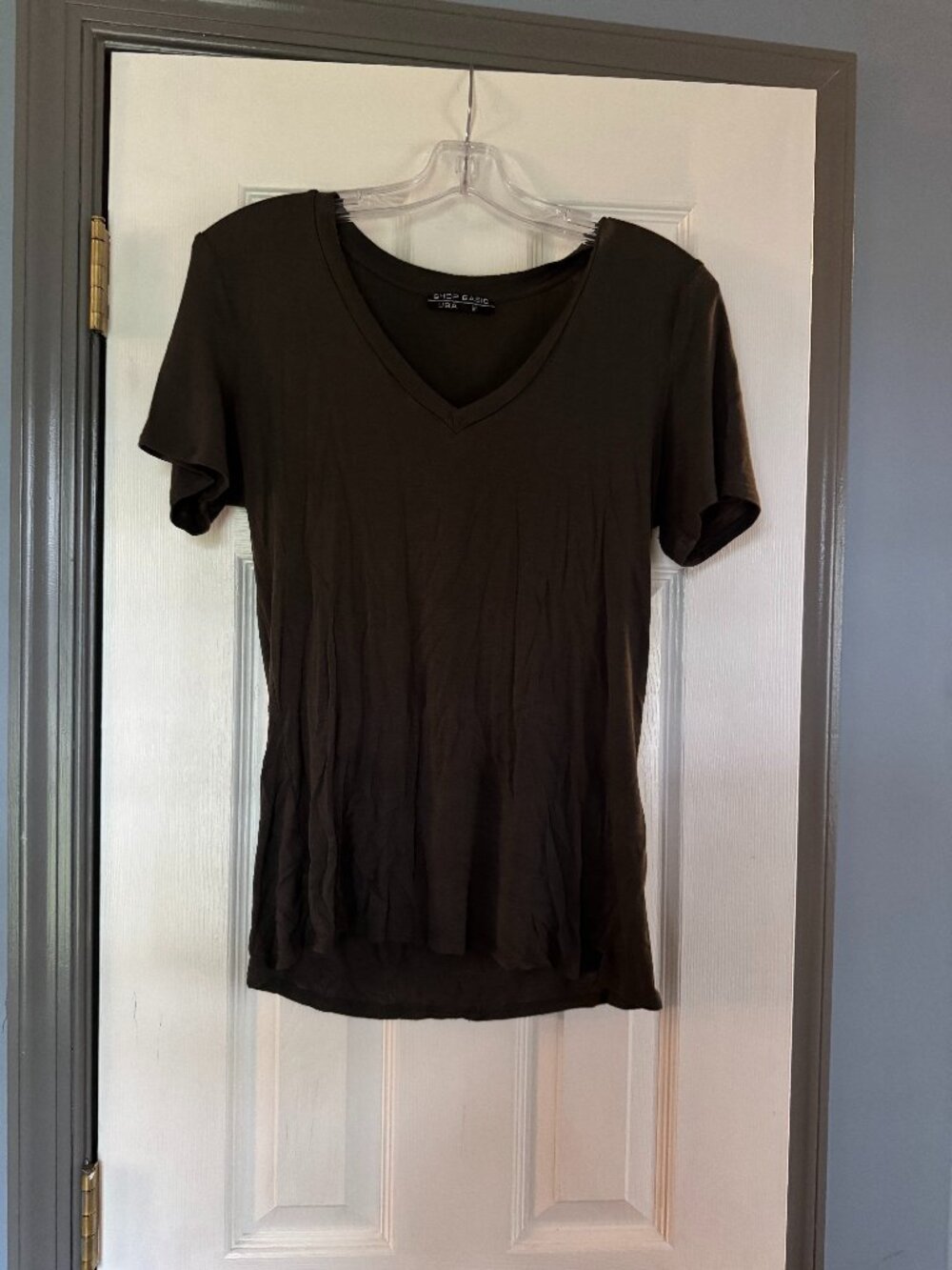 Women Shop Basic Size M Olive Solid Short Sleeve Top VGUC